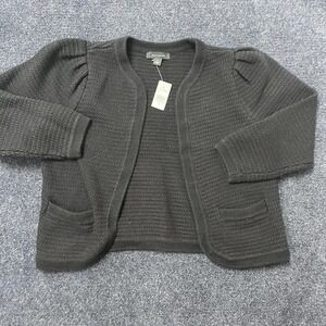 Ann Taylor Cardigan Sweater Womens Medium Black Open Front Puff Sleeve Pockets